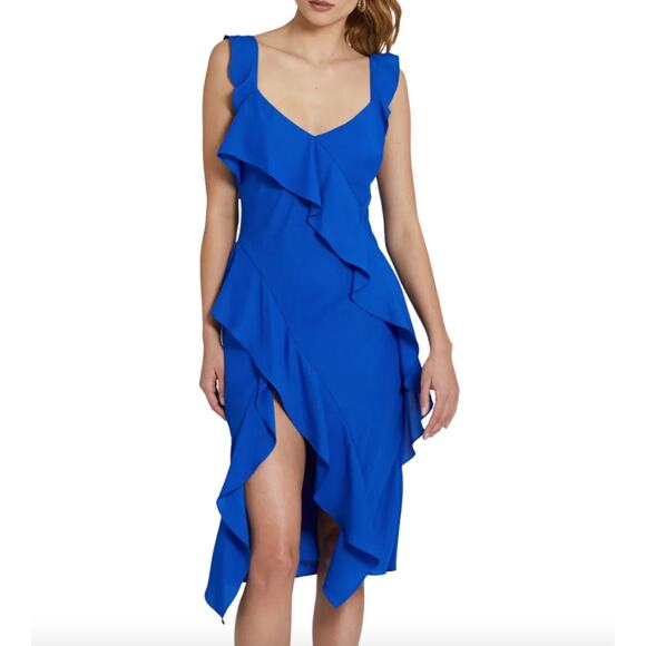$238 New Amanda Uprichard Cantara Midi Dress Blue SZ S spaghetti straps ruffles - Picture 1 of 7